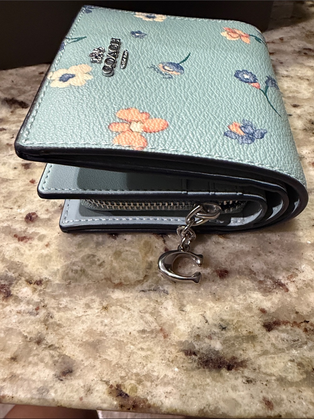 Coach Blue Floral Compact Wallet with Gold Logo - Picture 9 of 9